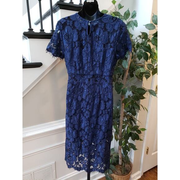 NSR Fit & Flare Dress Women Medium Blue Floral Overlay Lined Fringe Keyhole Back - Picture 4 of 14